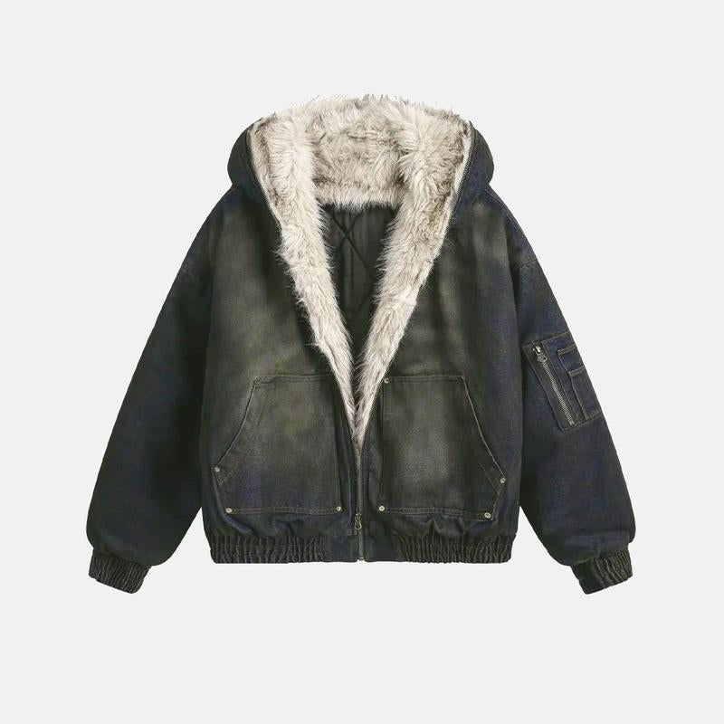 Men'S Fashion Boxy Short Flight Jacket with Hood, Zipper Design, Colorblocked, Anti-Pilling Casual Winter Coat by INFLATION